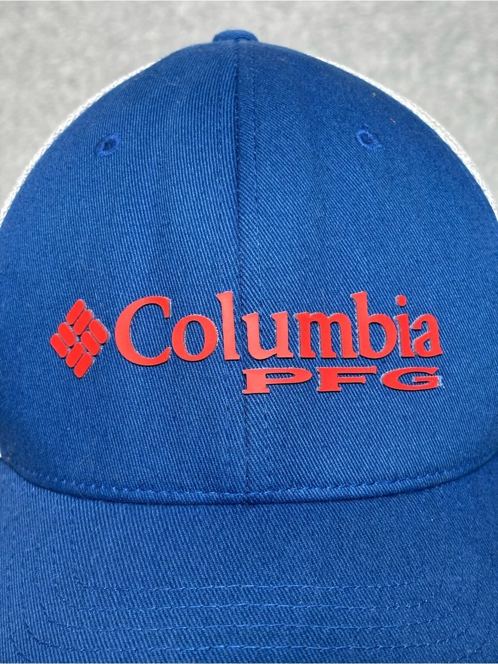 Columbia PFG (Performance Fishing Gear) Mesh Trucker Cap-Blue/White/Red-Large/XL
